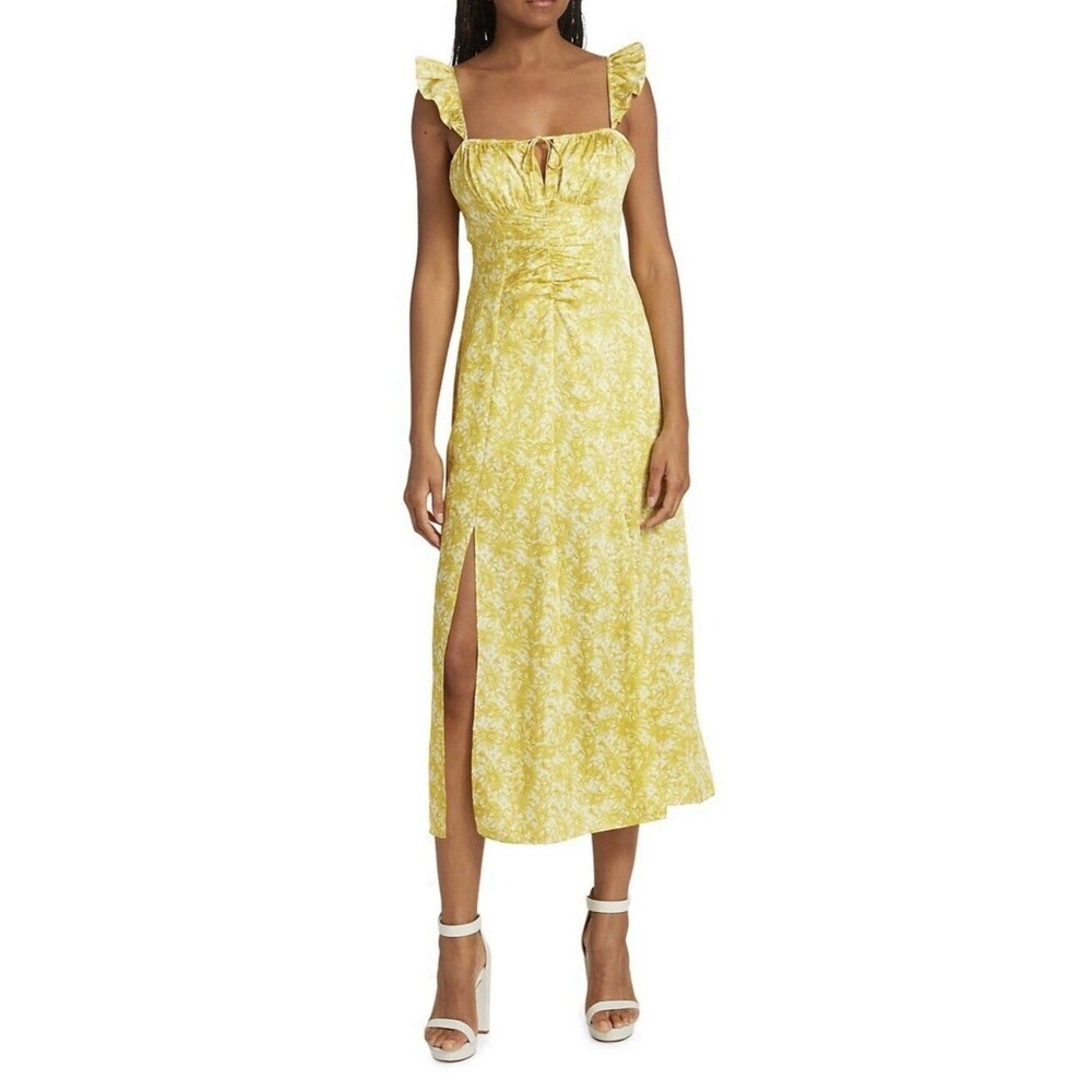NWT Cinq à Sept Pear Multi Milicent Floral Midi Dress Satin Leg Slit Yellow 10